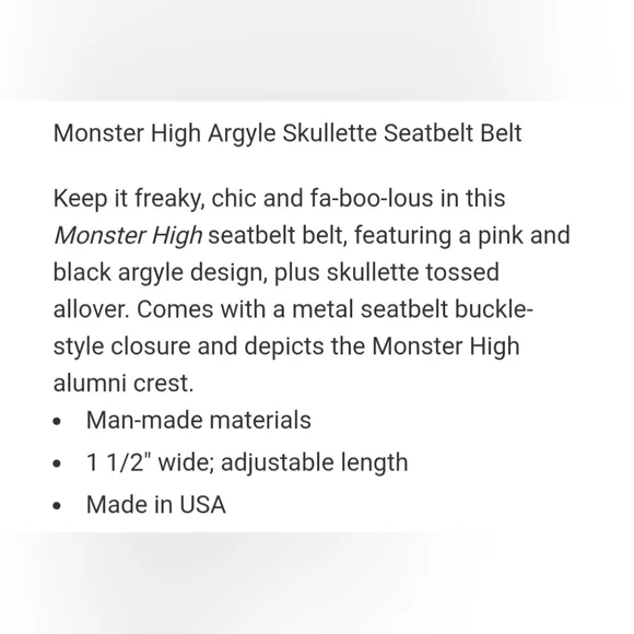 **SOLD** Monster High Argyle Skullette Seatbelt Belt (2023) - Picture 3 of 9